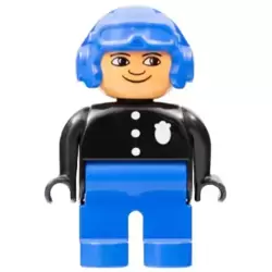 Duplo Figure, Male Police, Blue Legs, Black Top with 3 Buttons and Badge, Blue Aviator Helmet and Nose Bow Line Up