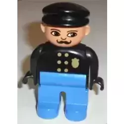Duplo Figure, Male Police, Blue Legs, Black Top with Gold Badge, Black Hat, Turned Down Nose and Elliptical Eyes