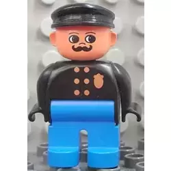 Duplo Figure, Male Police, Blue Legs, Black Top with Gold Badge, Black Hat, Turned Up Nose and Round Eyes