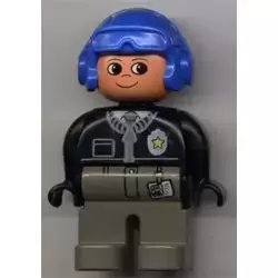 Duplo Figure, Male Police, Dark Gray Legs, Black Top with Zipper, Tie and Badge, Blue Aviator Helmet