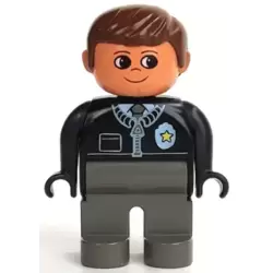 Duplo Figure, Male Police, Dark Gray Legs, Black Top with Zipper, Tie and Badge, Brown Hair