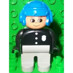 Duplo Figure, Male Police, Light Gray Legs, Black Top with 3 Buttons and Badge, Blue Aviator Helmet