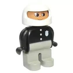 Duplo Figure, Male Police, Light Gray Legs, Black Top with 3 Buttons and Badge, White Racing Helmet
