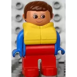 Duplo Figure, Male, Red Legs, Blue Top, Life Jacket, Brown Hair