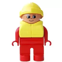 Duplo Figure, Male, Red Legs, Red Top, Life Jacket, Yellow Rain Hat