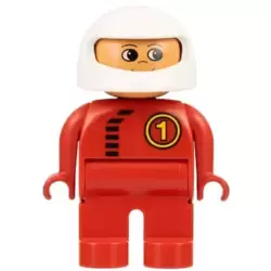 Duplo Figure, Male, Red Legs, Red Top with Black Zipper and Racer #1, White Helmet