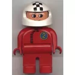 Duplo Figure, Male, Red Legs, Red Top with Black Zipper and Racer #2, White Helmet with Checkered Stripe