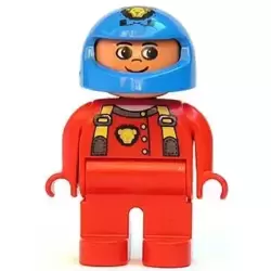 Duplo Figure, Male, Red Legs, Red Top with Cat Eye Racer Logo, Blue Helmet