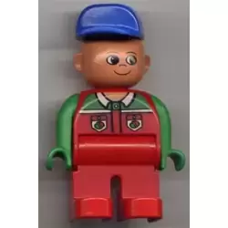 Duplo Figure, Male, Red Legs, Red Top with Octan Logo, Crooked Blue Hat