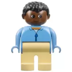 Duplo Figure, Male, Tan Legs, Blue Zippered Jacket, Black Curly Hair, Brown Head