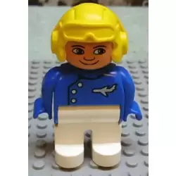 Duplo Figure, Male, White Legs, Blue Top with Plane Logo, Yellow Aviator Helmet, (Pilot)