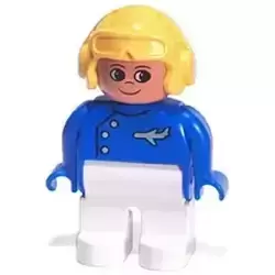 Duplo Figure, Male, White Legs, Blue Top with Plane Logo, Yellow Aviator Helmet, Turned Up Nose