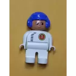 Duplo Figure, Male, White Legs, White Top with Black Zipper and Racer #1, Blue Aviator Helmet