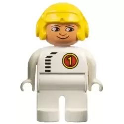Duplo Figure, Male, White Legs, White Top with Black Zipper and Racer #1, Yellow Aviator Helmet