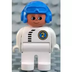 Duplo Figure, Male, White Legs, White Top with Black Zipper and Racer #2, Blue Aviator Helmet