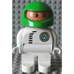 Duplo Figure, Male, White Legs, White Top with Black Zipper and Racer #2, Green Helmet