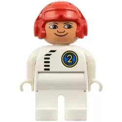 Duplo Figure, Male, White Legs, White Top with Black Zipper and Racer #2, Red Aviator Helmet