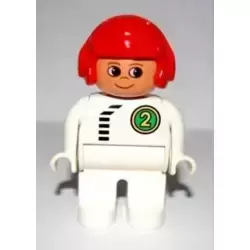 Duplo Figure, Male, White Legs, White Top with Black Zipper and Racer #2, Round Eyes, Red Aviator Helmet