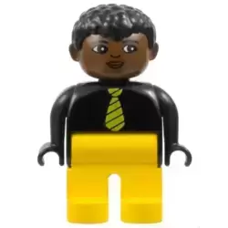 Duplo Figure, Male, Yellow Legs, Black Top and Yellow Striped Tie, Black Curly Hair, Brown Head