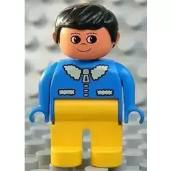 Duplo Figure, Male, Yellow Legs, Blue Top with White Collar, Black Hair
