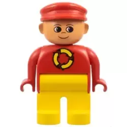 Duplo Figure, Male, Yellow Legs, Red Top with Recycle Logo, Red Cap, Turned Up Nose