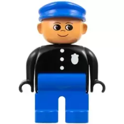 Duplo Figure, Police Officer - Male, Adult Man, Blue Legs, Black Top with Buttons and Badge Pattern, Blue Hat, Nougat Head with Turned Up Nose (75516)