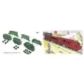 Locomotive, un wagon passager et un wagon marchandise (vert)